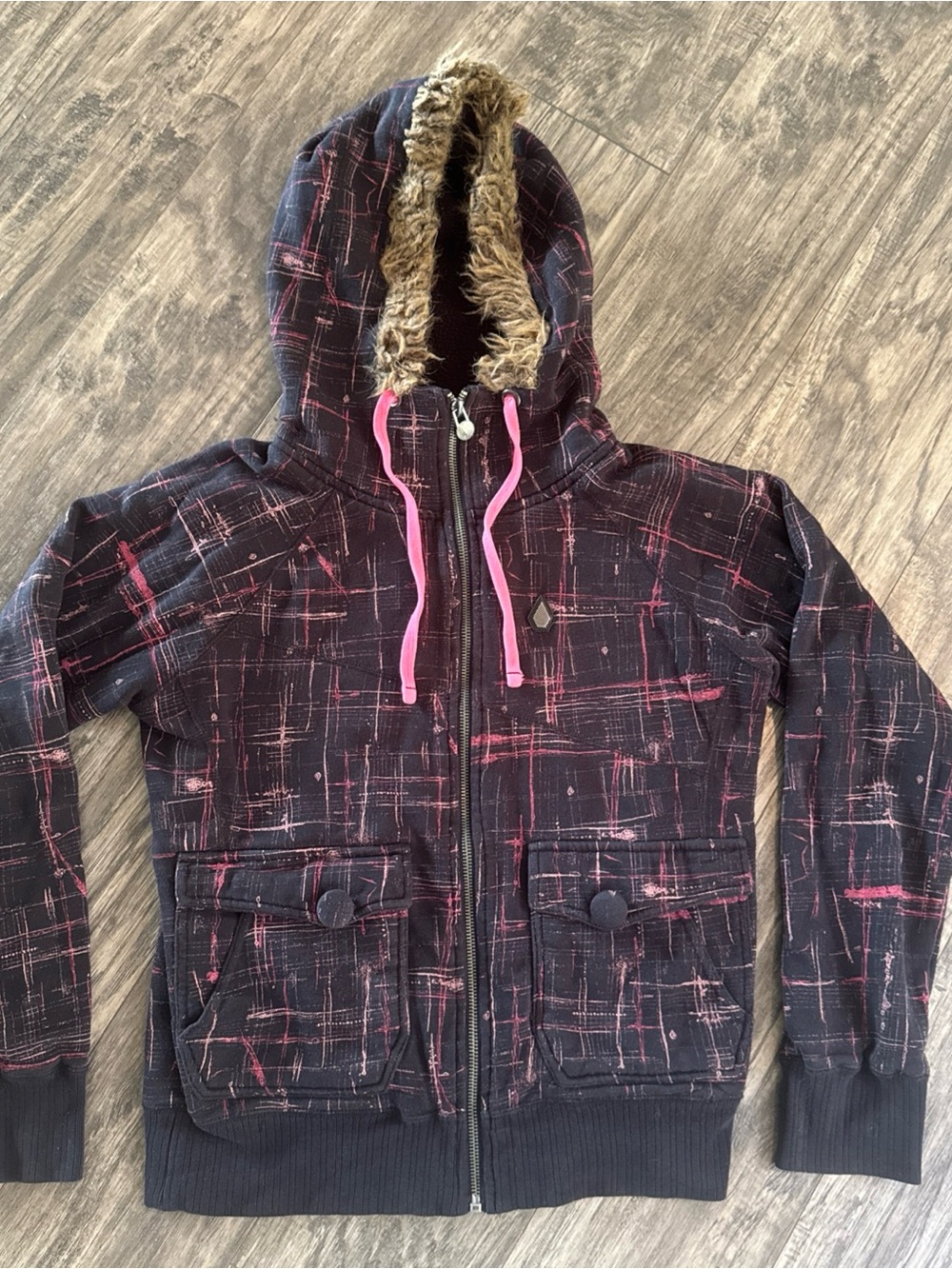 Y2K - Volcom Full Zip Jacket - Black & Pink Abstract Print W/Furry Hood - Size S